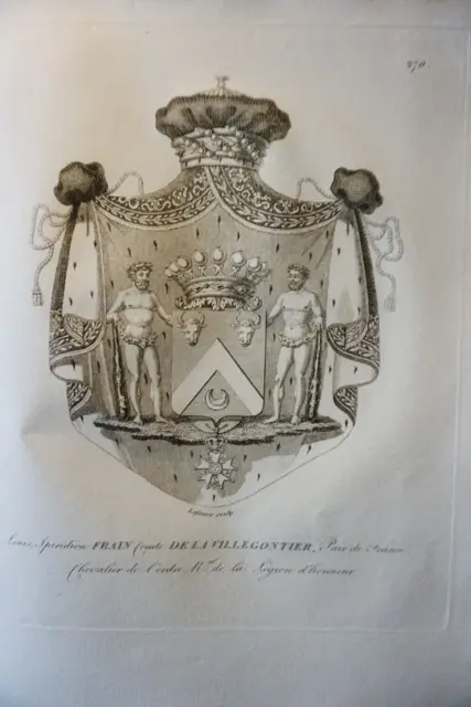 Gravure Blason Heraldique Comte Frain De La Villegontier Restauration 1815