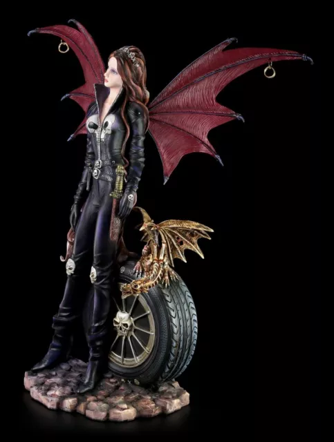 Dark Angel Figur - Biker Outfit mit Drachen - Gothic Engel Elfe Deko Statue 3