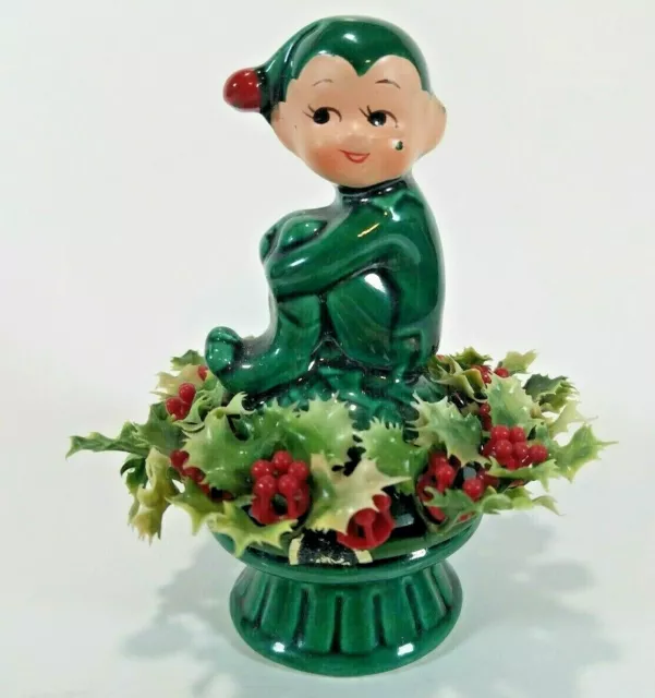 Inarco Ceramic Green Knee Hugger Pixie Elf Figurine Plastic Holly Wreath 1960s