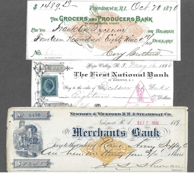 3 Rhode Island Bank Checks 1870-1900