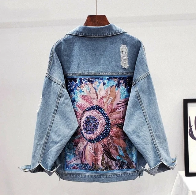 Blue 90,s Stonewash Denim Ethnic Boho Rock Loose  Distressed Jacket Coat  8 10