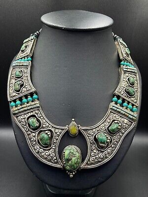 Unique Design Handmade Tibetan Old Necklace With Natural Turquoise Stone