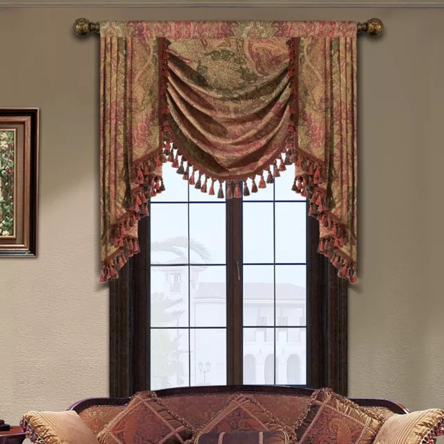 Burgundy Green Jacquard Floral Damask Swag Waterfall Valance Tassels Curtains