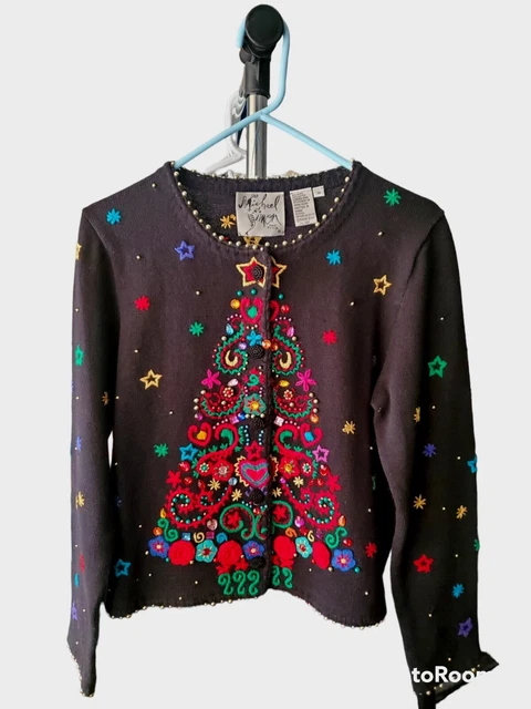 Vtg 1998 Michael Simon Black Embellished Christmas Tree Sweater Cardigan Size M