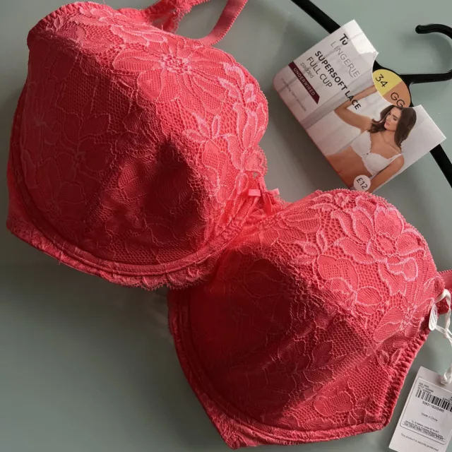 Tu - 34 GG Bright Pink Lace Bra Underwired Full Cup Non Padded Lingerie BNWT