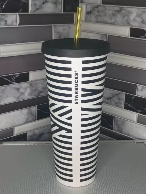 Rare Starbucks Black White Matte ZEBRA STRIPE TUMBLER Venti Cold Cup w/ STRAW 24