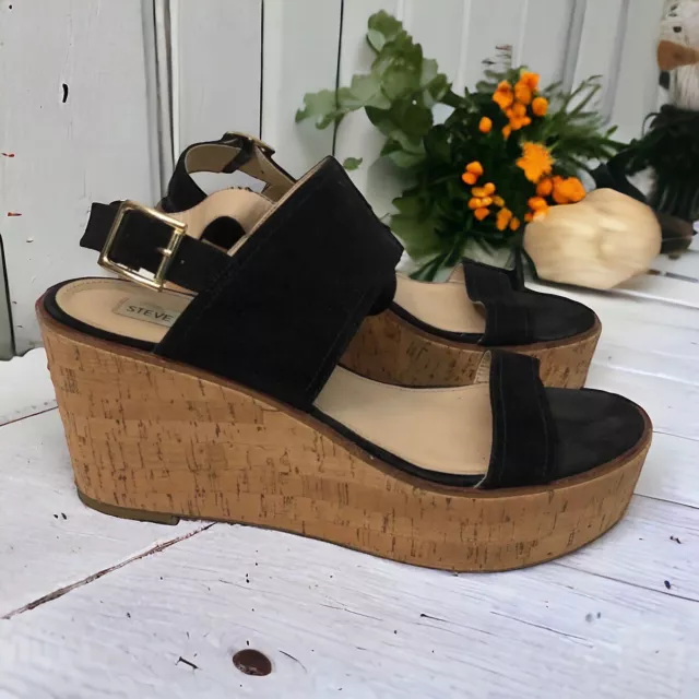 Steve Madden Retro Black Suede Leather Wedge Platform Sandals Heels Size 9.5