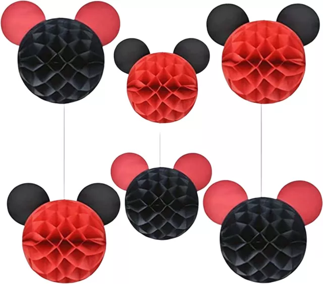 Mickey Birthday Party Decorations 6 Mickey Mouse Honeycomb Balls Red Black NEW