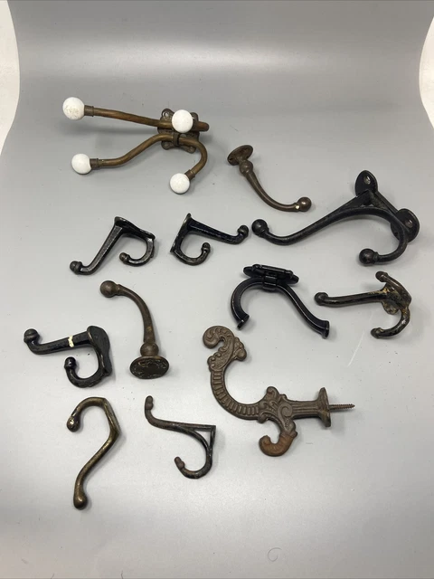 Large Lot of 12 Antique Old Vintage Wall Metal Hooks Different Shapes Sizes
