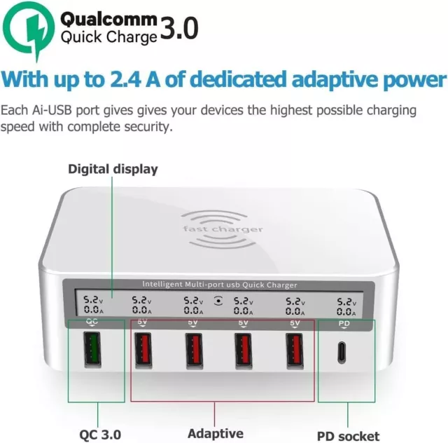 6 Port Wireless Smart USB Display Charger Fast Charging Station Charger Hub 100W 2