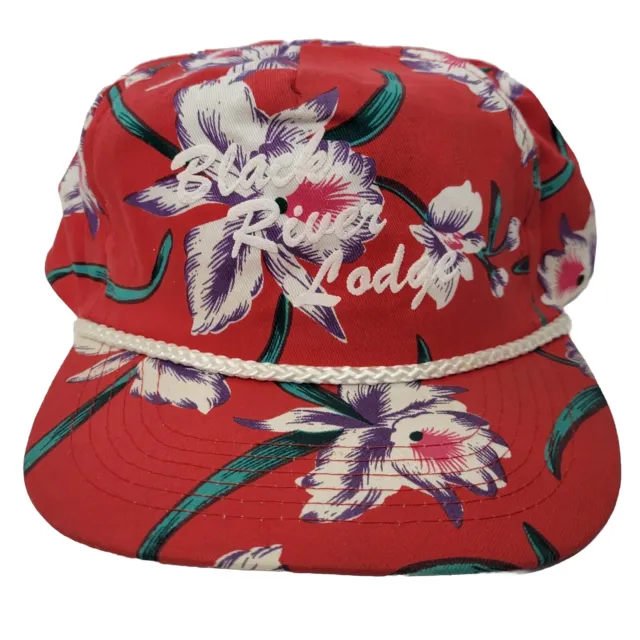 Vintage 90s Red Purple Floral Tropical Snapback Hat Black River Lodge White Rope
