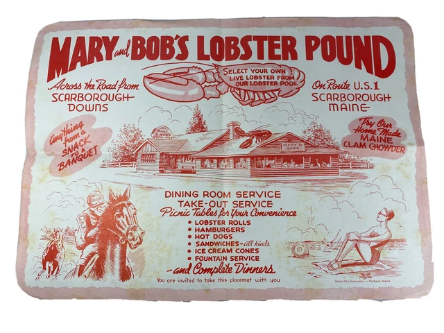Vintage Mary & Bob’s Lobster Pound Scarborough Maine Paper Placemat 1950s MCM