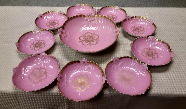 RARE Antique 1867 C.H. Pillivuyt & Cie Paris Medaille D'or~10 pc. Pink Salad Set