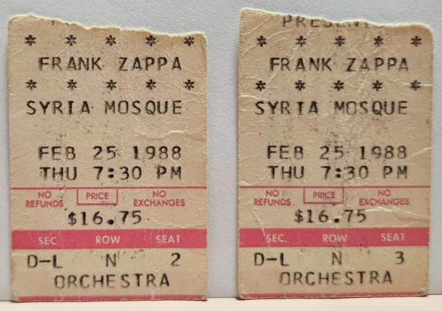 2  Frank Zappa Concert Ticket Stubs February 25, 1988 Syria Mosque Pittsburgh PA