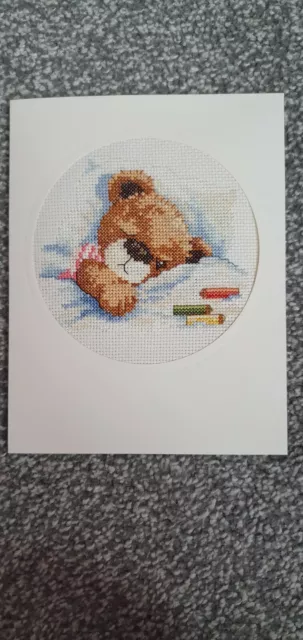Completed cross stitch large card, peeping bear