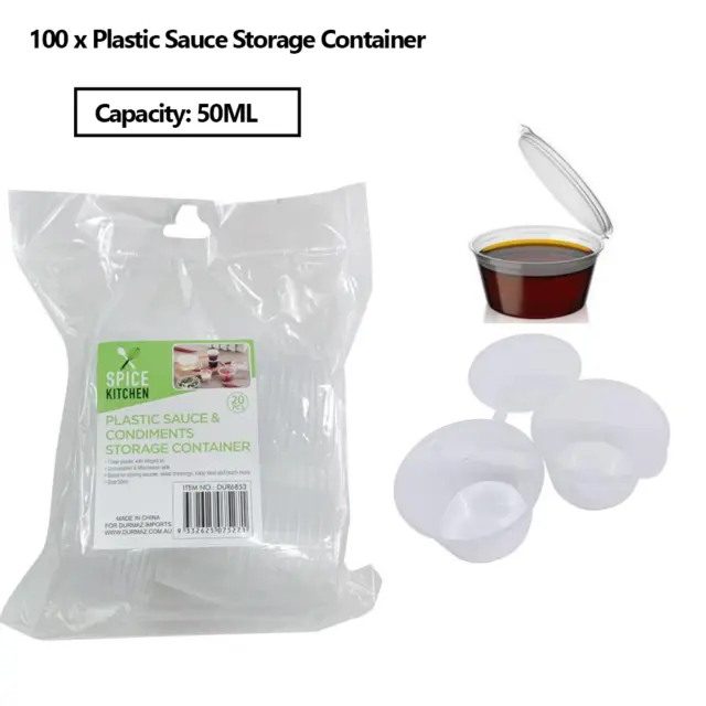 100 x Disposable Plastic Sauce Container Hinged Lid Clear Pot Cup Takeaway 50ml