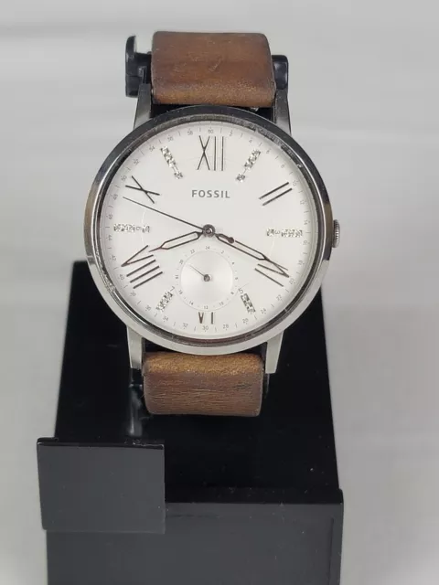 Women’s Fossil ES4162 Brown Leather Analog White Dial Quartz Watch RUNNING