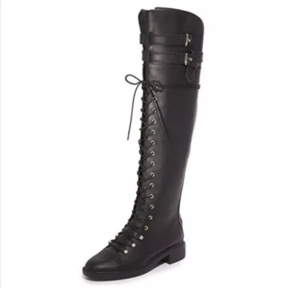 Joie Boots Gryffin Lace Up Tie Black Leather 35.5 5.5 Moto Combat Over Knee