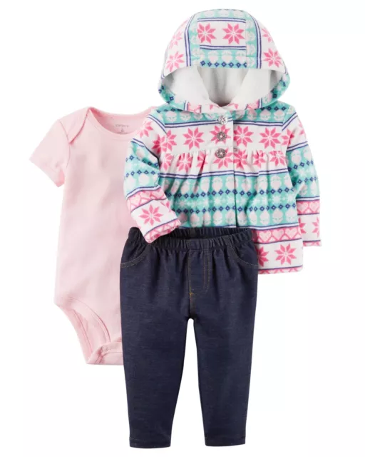 Carter's NWT 3M 6M Infant Girl Fleece Hooded Cardigan Bodysuit Pant set