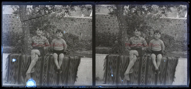 Famille Enfants France c1930 Photo NEGATIVE Plaque verre Stereo Vintage P30L17n4