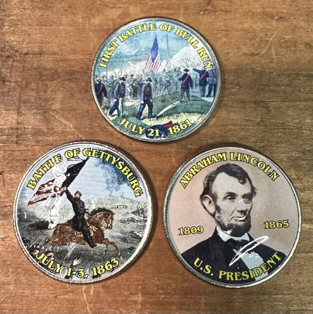 3 Civil War Colorized Coins Kennedy Half Dollar Gettysburg, Bull Run, Lincoln
