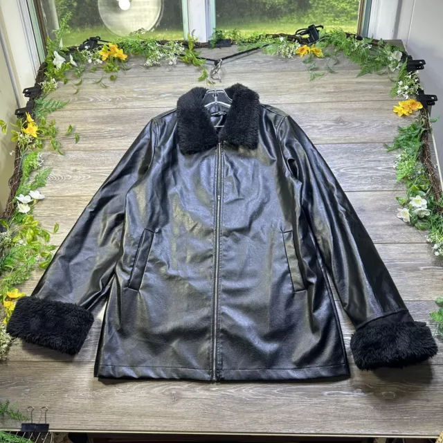 Faux Leather Coat Size Large, Black Fur Trim Womens Full Zip Jacket Shein