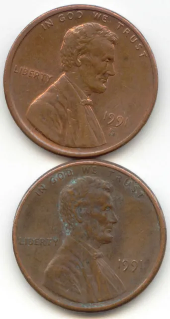 USA 1991 1991D American One Cent Lincoln Penny 1c Exact Set - 2 Coins