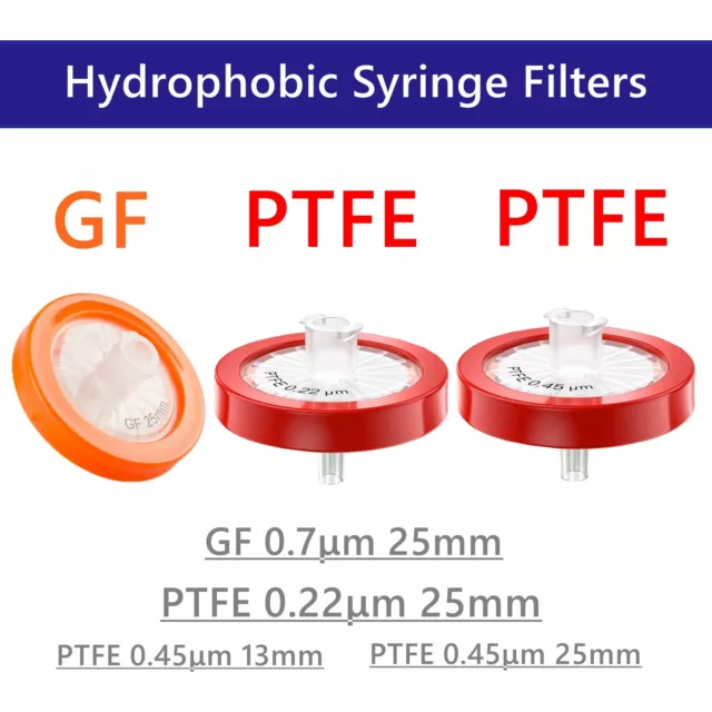 PTFE/GF Membrane Hydrophobic Syringe Filters 0.7μm 25m, 0.22μm 25mm, 0.45μm 13mm