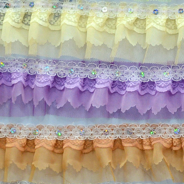 10M 2-layer dentelle Garniture de bord plissé maille sequin ruban DIY Couture