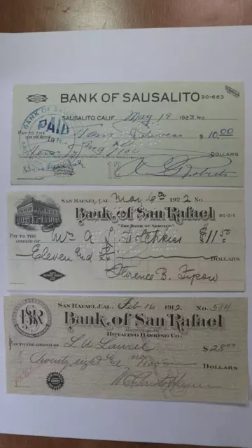 1912-23 Bank of San Rafael Marin CA Sausalito California 3 Bank Checks Hotaling