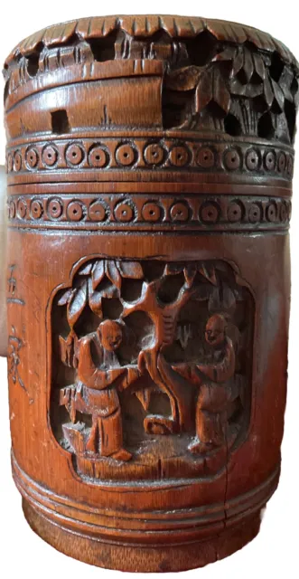 Antique Chinese Carved Bamboo/Wooden Tea Caddy or Box Social Scenes,Birds Detail