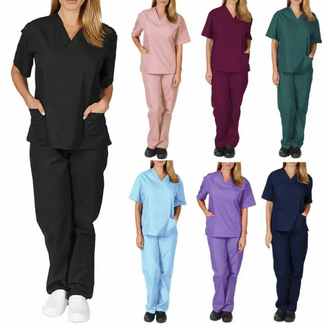 2Pcs/Set Medical Women Nursing Scrub Suit Nurse Uniform T-Shirt Tops Pants Set
