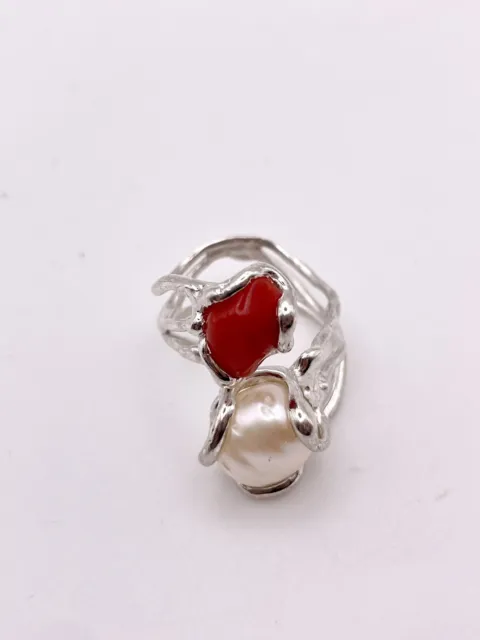 Anello Artigianale Da Donna In Argento 925 Perla Naturale E Corallo Rosso