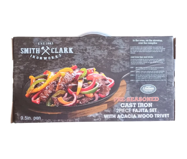 Smith Clark Ironworks Cast Iron Fajita Set 2 Piece Acacia Wood Trivet 9.5" Pan