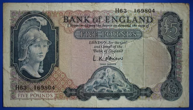1961 Bank of England, BOE Five pounds, O'Brien, Prefix "H63" £5 banknote [23497]