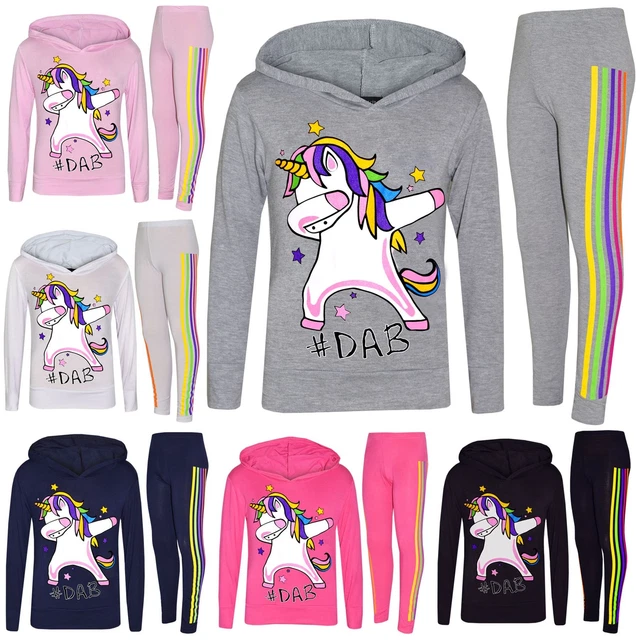 Kids Girls Rainbow Unicorn #Dab Floss Hooded Top Legging Set Xmas Tracksuit 7-13