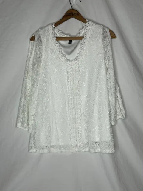 CABLE & GAUGE White Lace Blouse 3/4” Sleeve Pullover Large Womens