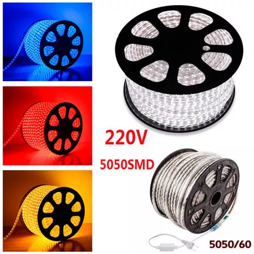 Striscia Strip Led Bobina Smd 5050 Rgb Spina 220V Bianca Tubo Esterno 1 A 100 M