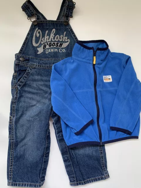 OshKosh Bgosh Toddler Boy Denim Overalls Size 18M Zippered Sweatshirt
