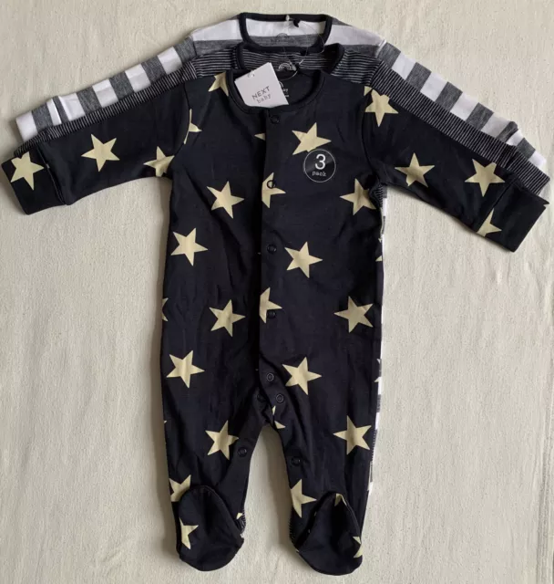 BNWT Baby Boys 3pk Navy Star Stripe Sleepsuits 6-9 months NEXT