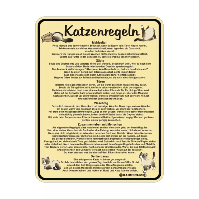 Blechschild mit Motiv/Spruch "Katzenregeln" Größe 17 x 22 cm, gelocht