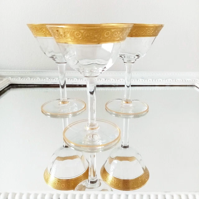 Tiffin Franciscan Crystal 3 glasses clear champagne coupe sherbet gold rims