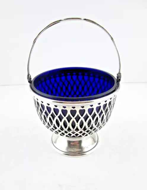 Vintage Frank M Whiting Co Sterling Silver Pierced Sugar Basket Cobalt Blue Bowl