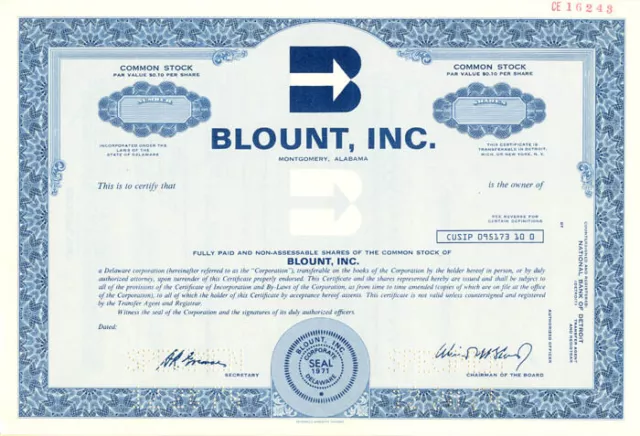Blount, Inc. - Stock Certificate - Specimen Stocks & Bonds