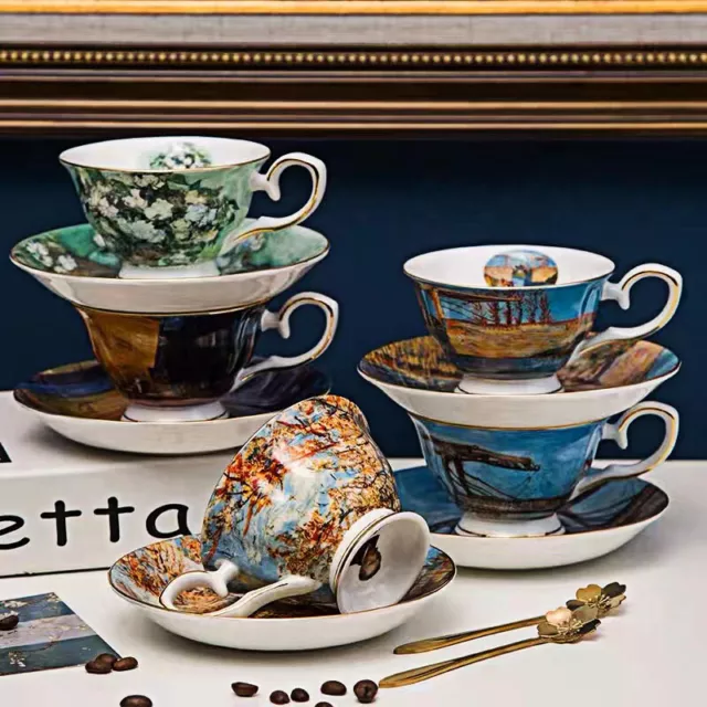 Coffee Tea Mug Set Van Gogh Oil Painting Print Art Cup Dish Fine China Bone Gift 2