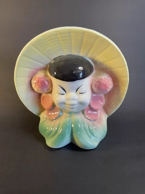 Vintage Royal Copley Wall Pocket Head Vase Asian Girl  6.75”