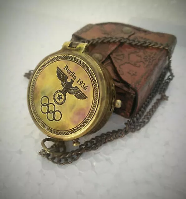Berlin 1936 Engraved Brass Compass On Chain With Leather Case , Directional Gift