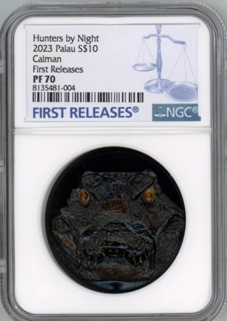 2023 Palau Hunters by Night Caiman 2 oz Obsidian Black Silver Coin NGC 70 FR