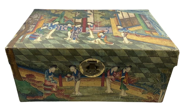 Vintage Asian Oriental Chinese Pig Skin Leather Hand Painted Trunk Chest