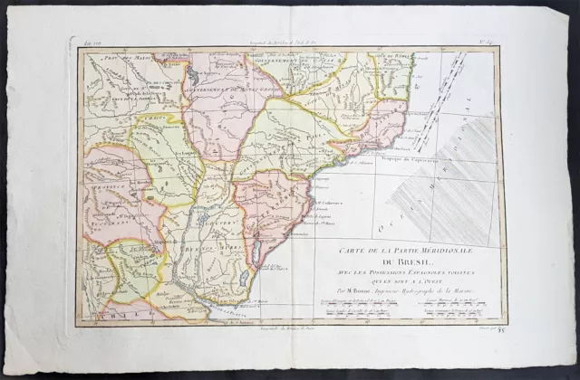 1780 Rigobert Bonne Antique Map River Plate Argentina, Uruguay, Southern Brazil